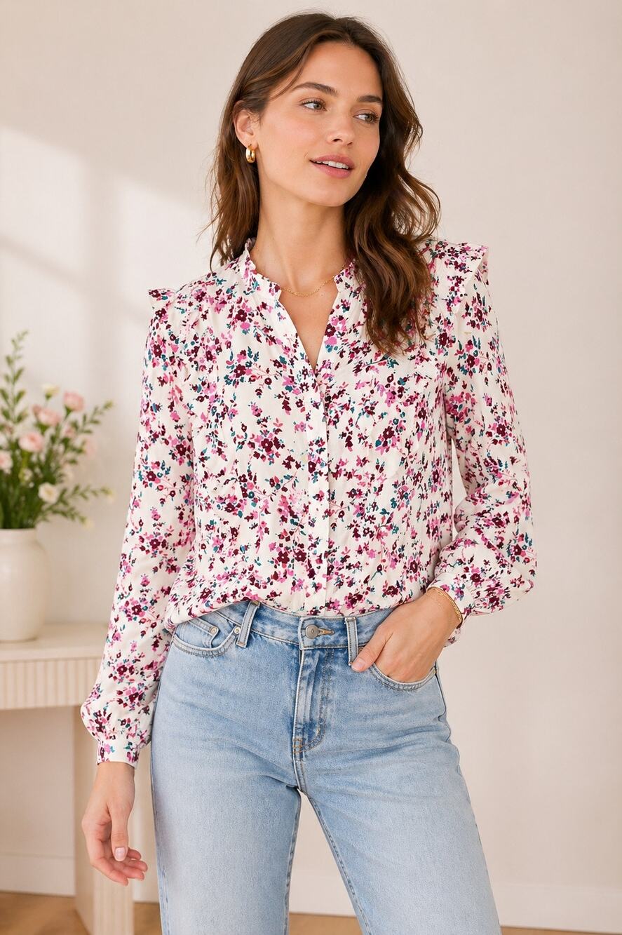 J.Crew Floral Ruffle Blouse Small Cream Pink Feminine Button Front Top